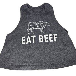Womens EAT BEEF Cow Graphic Cropped Racer-back  Tank Athletic, Size M/L